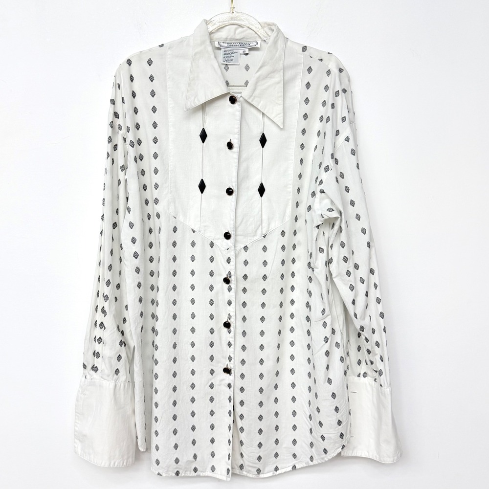 Carolina Herrera Vintage 90s Tuxedo Bib White Top Sz 10 Career Tailored Designer